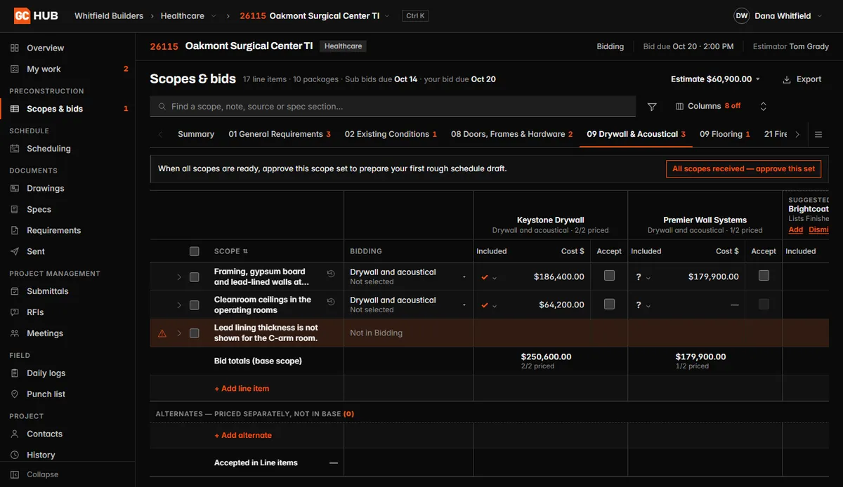 Scopes and bids in GC Hub: two drywall bids side by side, with one scope line flagged because the drawings do not show it.