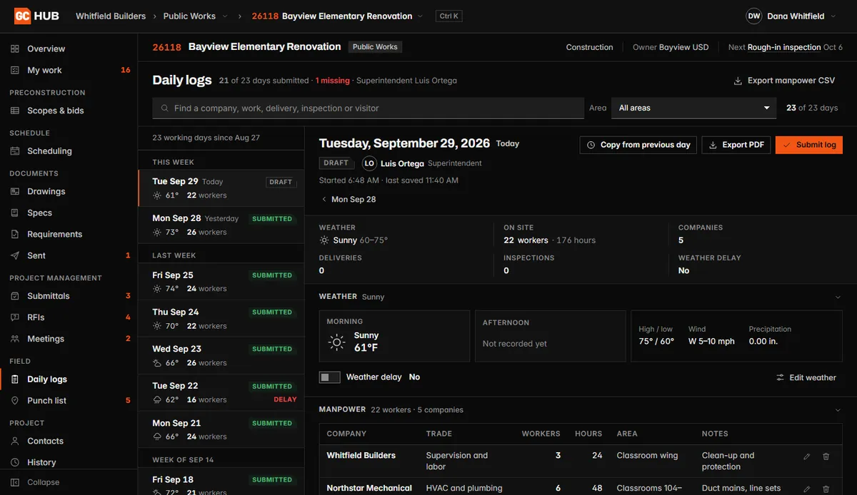 A daily log in GC Hub: the day's weather, workers on site and crews by company.