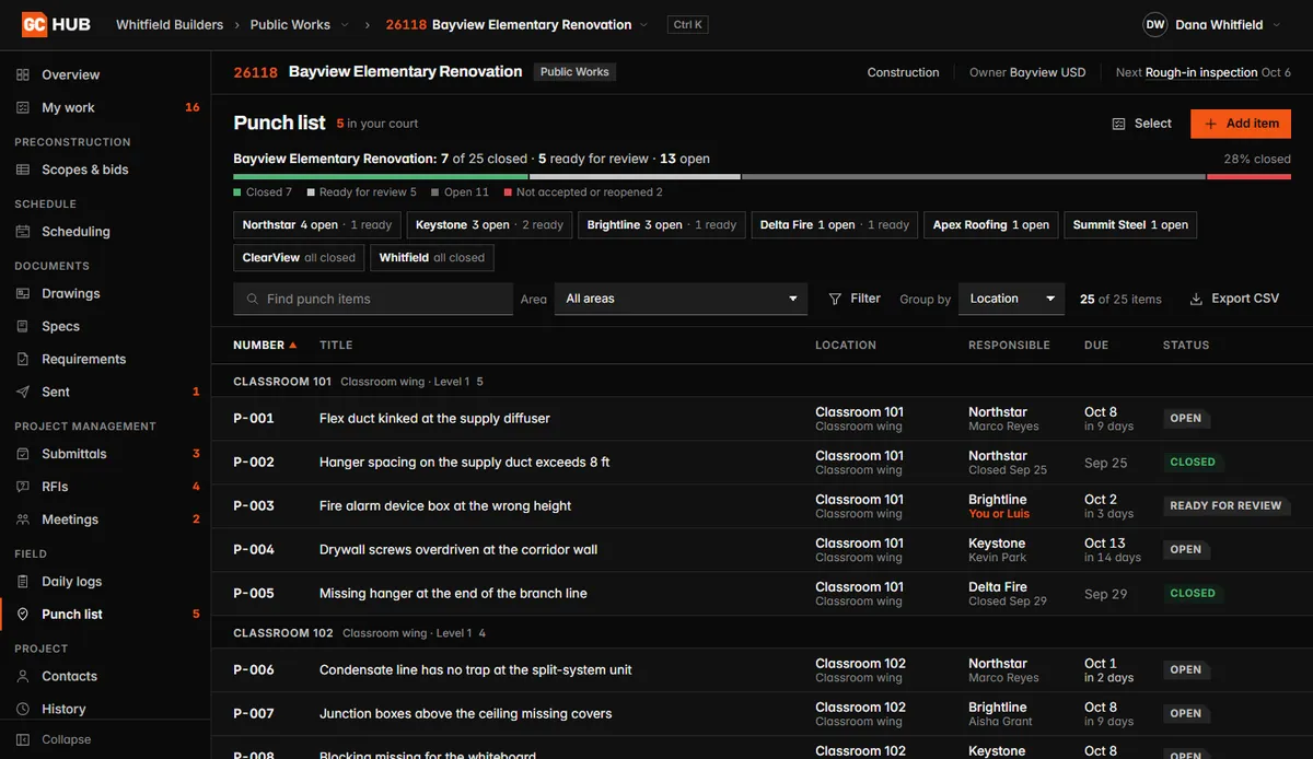 The punch list in GC Hub: items by room with the responsible trade, due date and status.