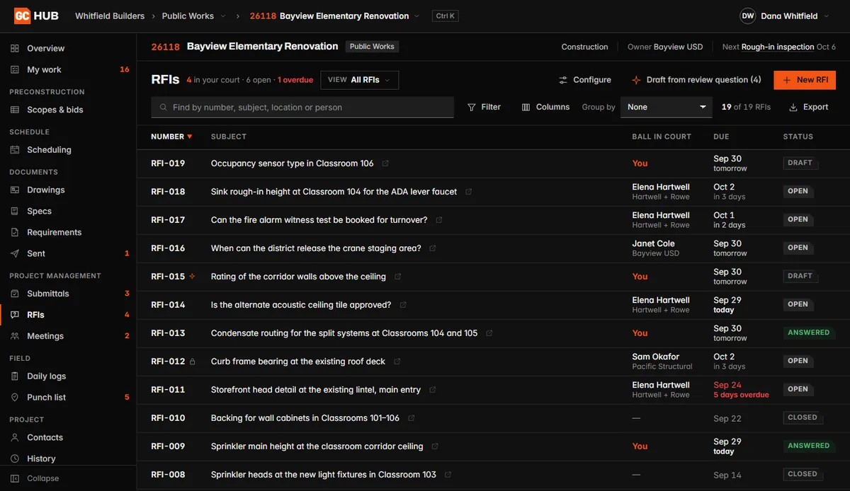 The RFI log in GC Hub: each question with who holds it, when it is due and its status.