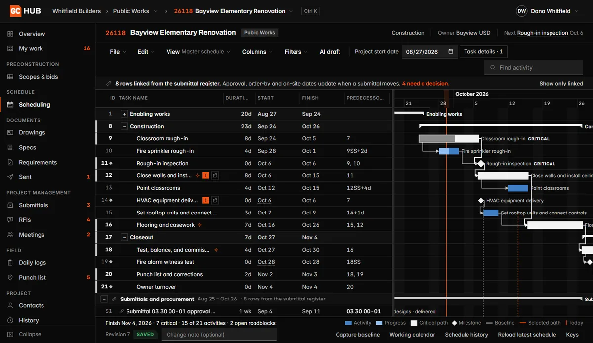 The schedule in GC Hub: tasks and a Gantt chart with the critical path marked.