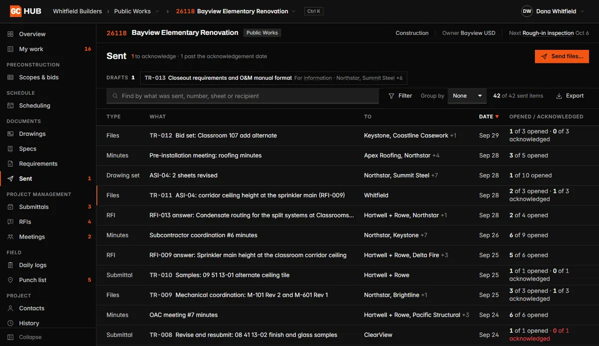Sent items in GC Hub: each transmittal with its recipients and how many have opened it.