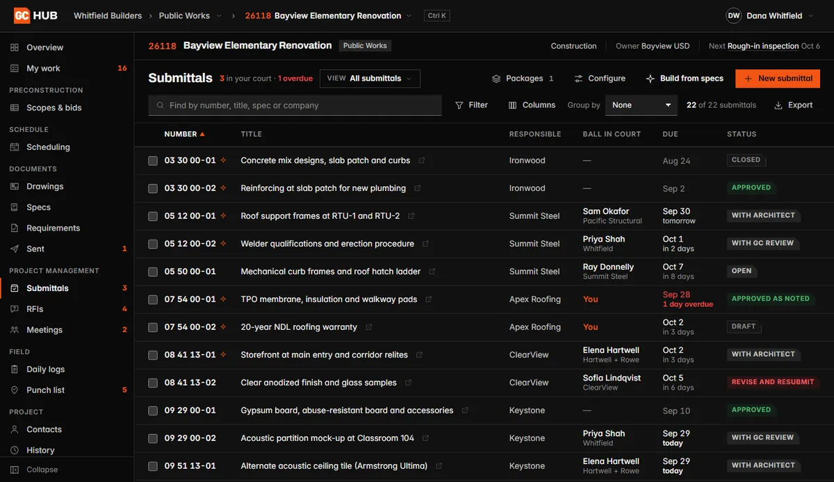 The submittal log in GC Hub: each submittal with its company, who holds it and its status.