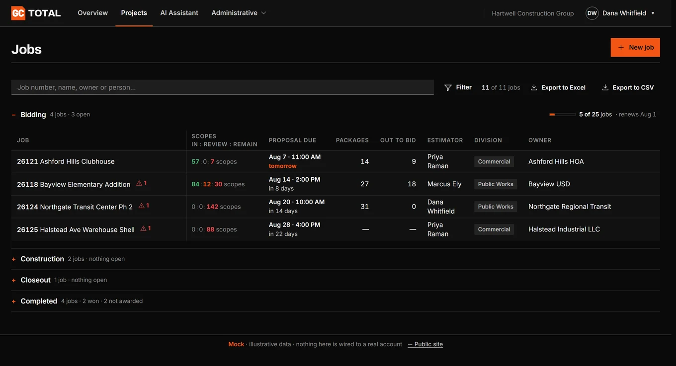 An illustrative later-stage Jobs screen; Stage 1 provides read-only history, status and downloads for projects the signed-in user is allowed to view.